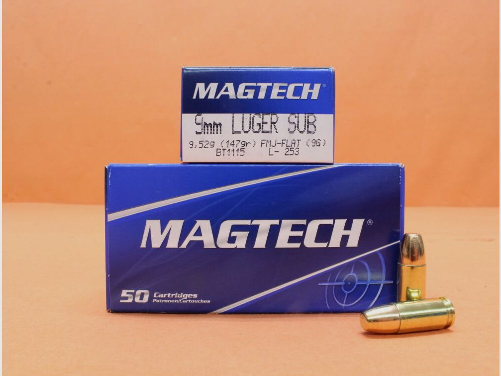 Magtech patroon 9mmLuger Magtech 147grs FMJ/ FMC-FLAT (9G) VE 50 patronen (Subsonisch)/ 9,52g volmantel-vlakke kop (ondergeschalpatroon)