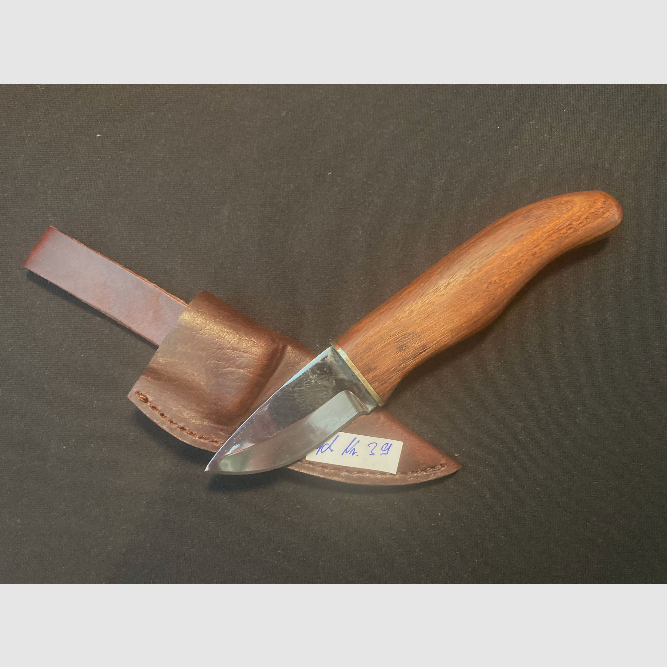 Skinner, Jagdmesser, Gürtelmesser, Messing, Lederscheide, Holzgriff, 39