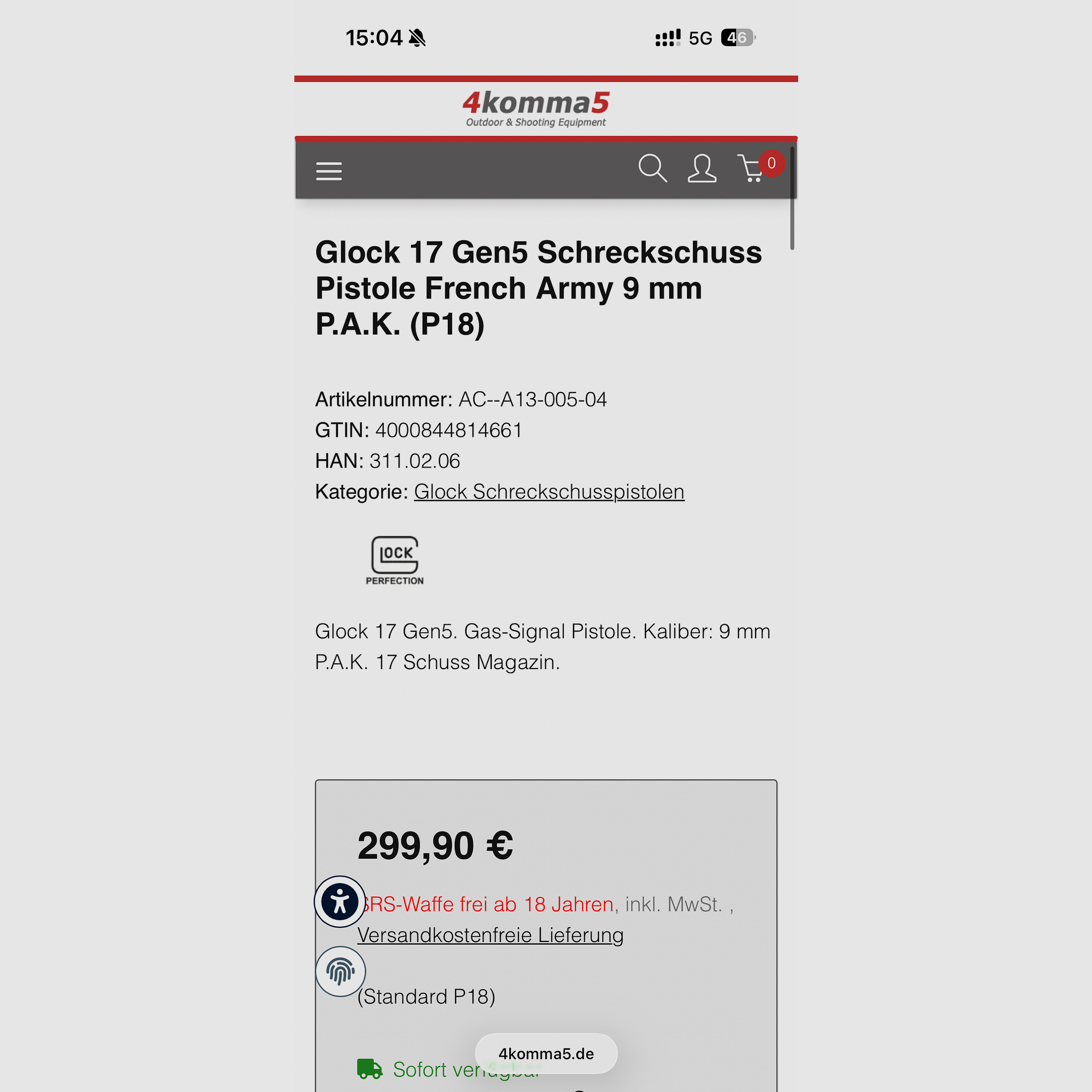 Glock 17 Gen5 Schreckschuss Pistole Französisches Militär 9 mm P.A.K.