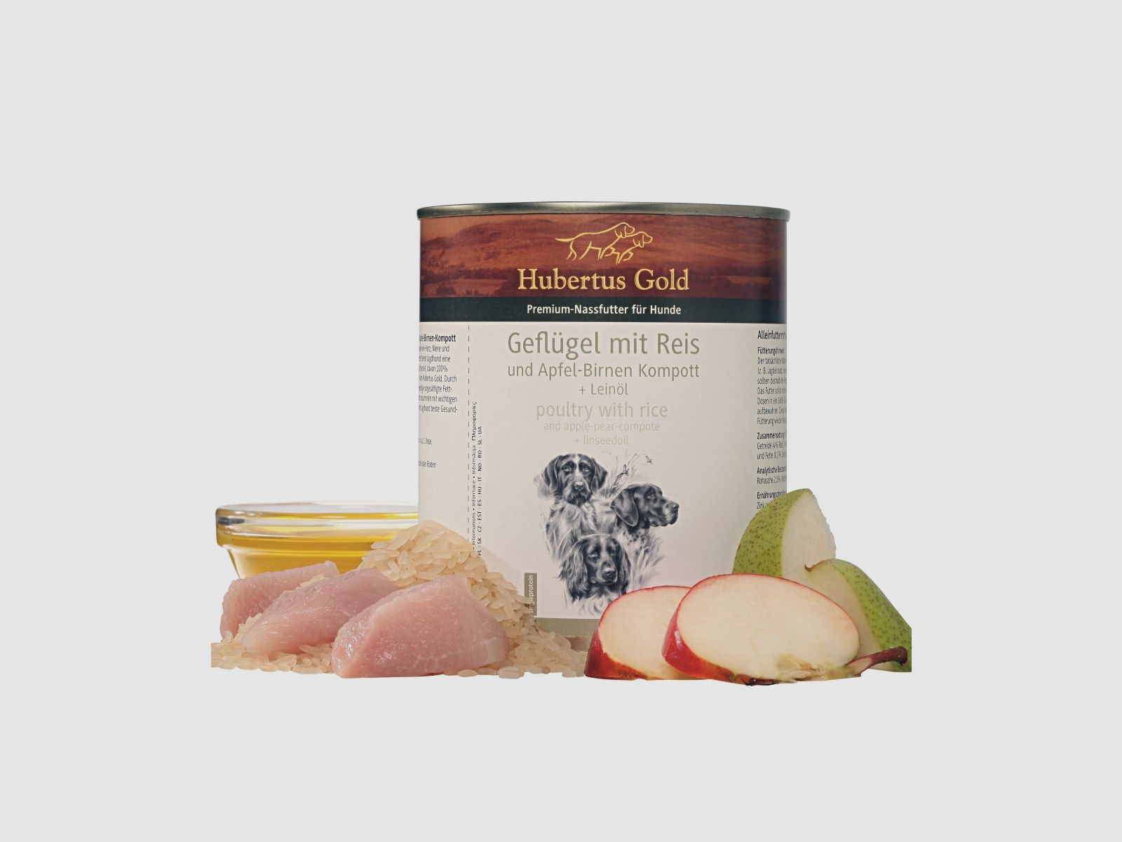 HUBERTUS GOLD Geflügel mit Reis und Apfel-Birnen Kompott + Leinöl 800g