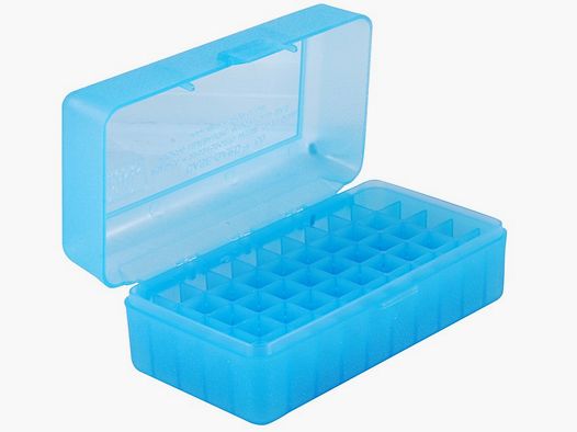 MTM scatola per cartucce RSLD-50-24 blu trasparente con coperchio a ribalta per 50 cartucce .500 S&W e altre.