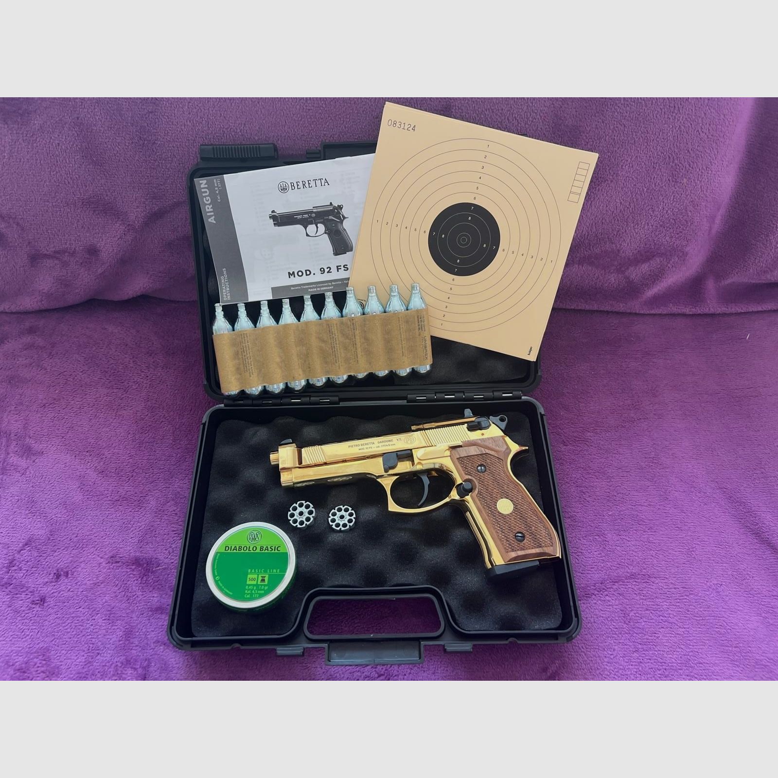 Beretta 92 FS CO2-Pistole – Exklusive Gold-Edition (24K) mit Echtholz Griffen-Rarität aus Sammlung (ungeschossen)