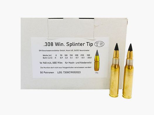 Bullet Manufacture .308Win Splinter Tip 7.8g/120grs Rifle Cartridges Lead-Free