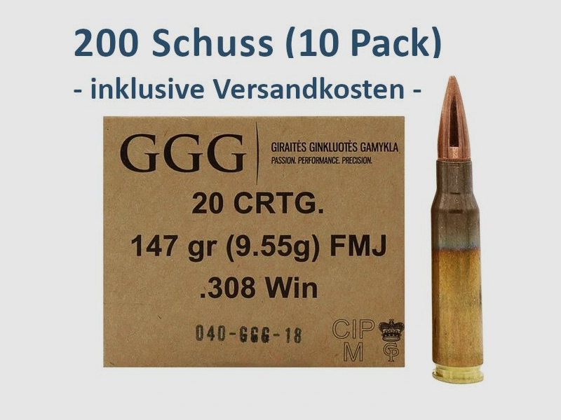 GGG .308 Win. GPX FMJ 147 grs 10 Packungen (200 Schuss)