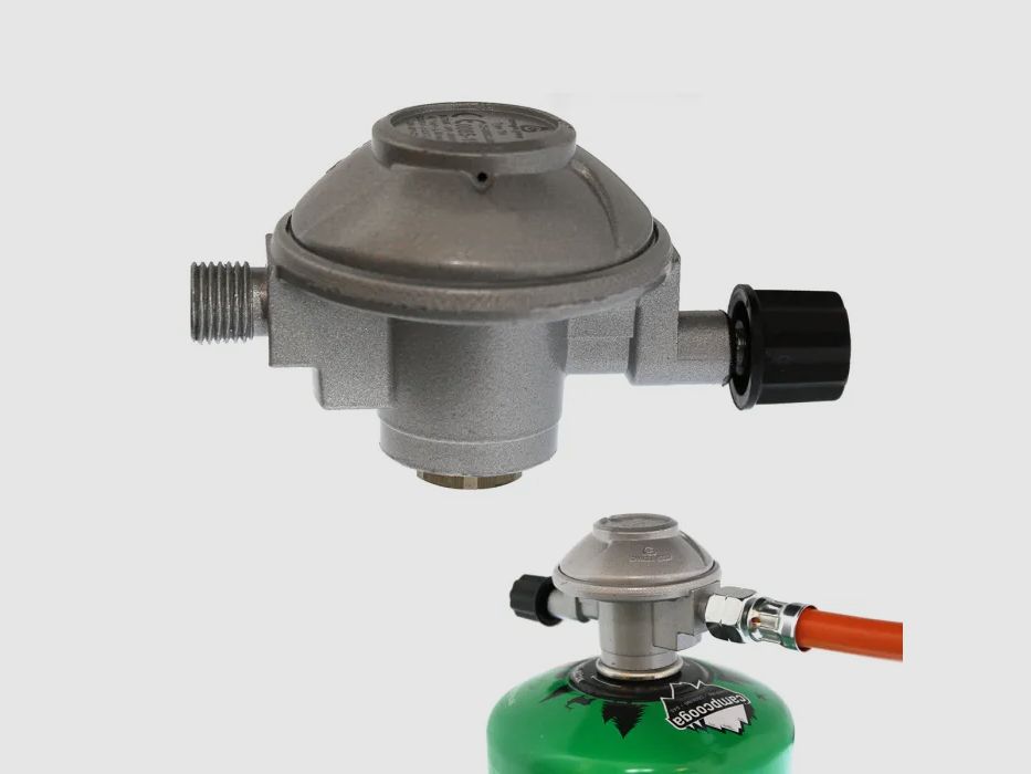 Cartridge regulator for gas cartridges with screw thread 450g-500g (50 mbar)