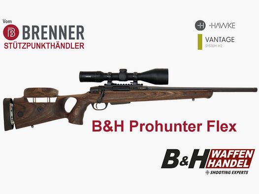Brenner Komplettpaket: BR20 B&H Prohunter Flex Lochschaft mit Hawke 3-12x56 fertig montiert