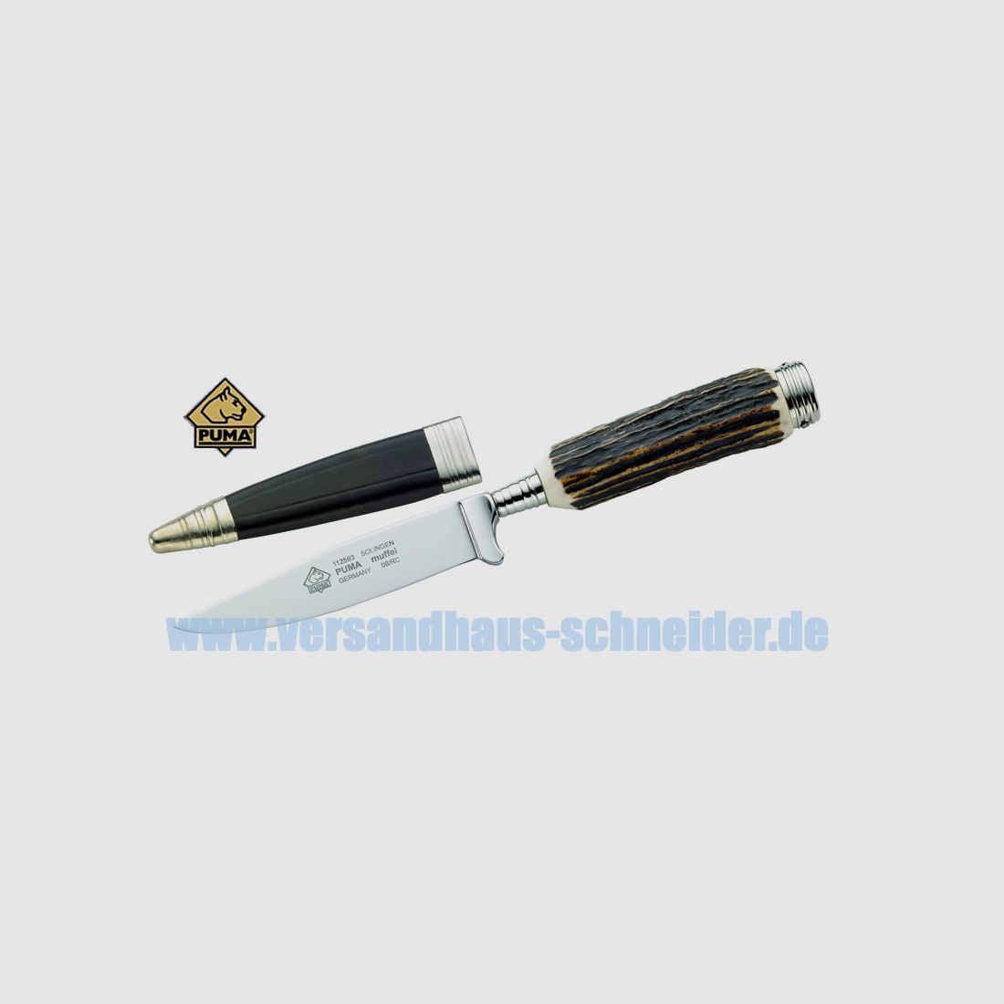 Puma Jagdmesser, Modell Muffel, Stahl 1.4116, Hirschhorn, Lederscheide (P18)
