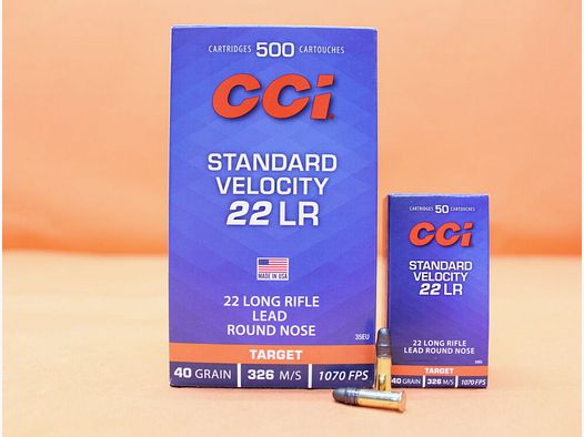CCI. Cartuccia .22lr CCI 40grs LRN (35EU) VE 500 cartucce (SV: 1070fps) Target/ 2,6g testa rotonda in piombo