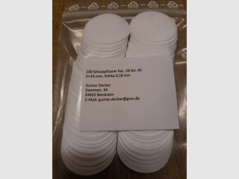 Schusspflaster Vorderlader Kal. .38 bis .45 Ø 24mm Durchmesser, Stärke 0,18mm 0,007inch