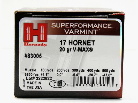 25 Schuss / Patronen HORNADY .17 HORNET 17 HOR 20gr 1,3g SF V-MAX Varmint Teilmantel JAGD Raubwild