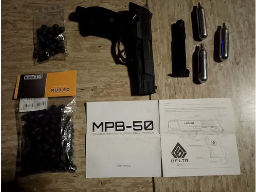Delta Six MPB-50 CO2 pistol RAM marker cal .50 paintball gun with accessories rubber balls steel core balls 2nd magazine new!