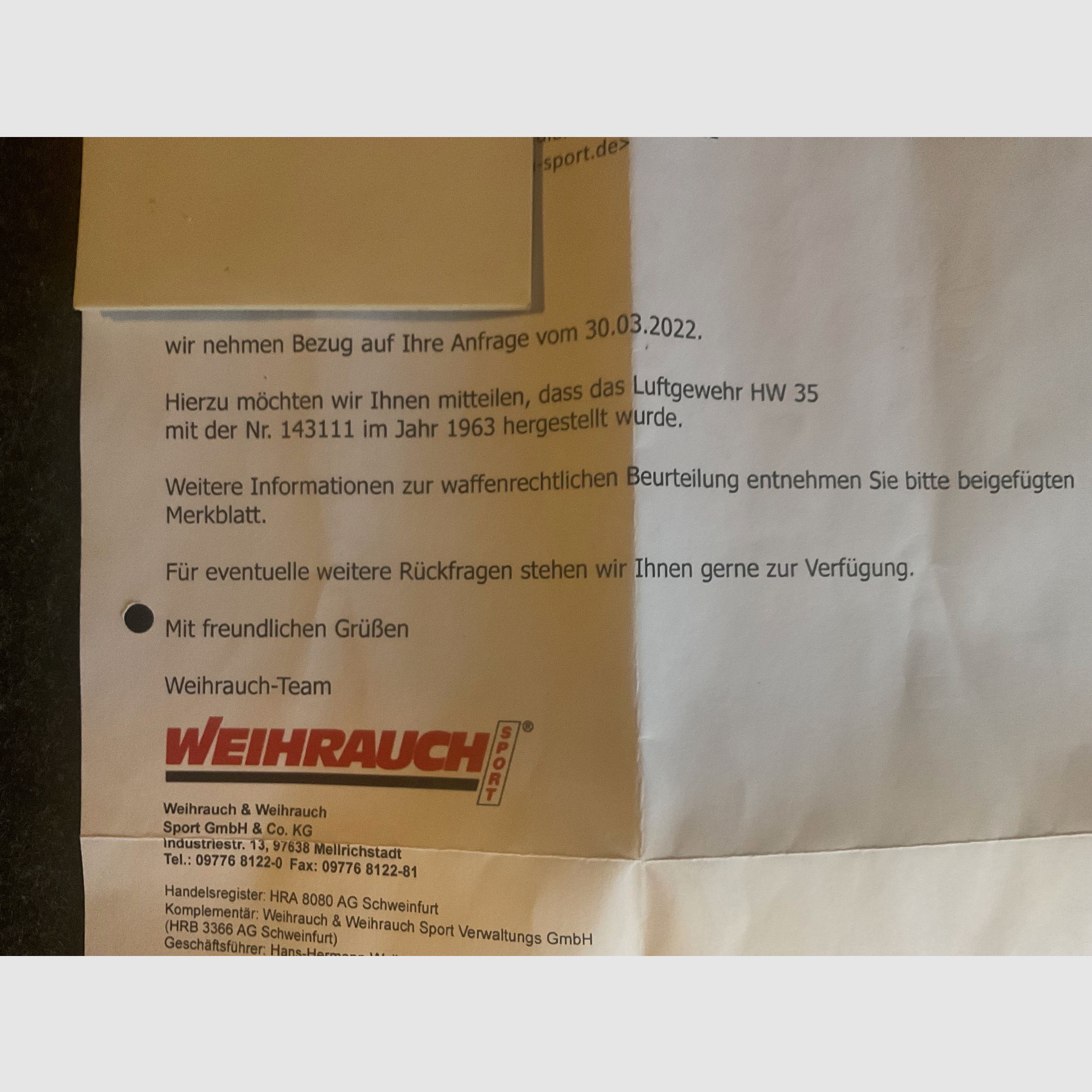 HW 35 ohne F Bj. 1963 mit Bestätigung von Weihrauch