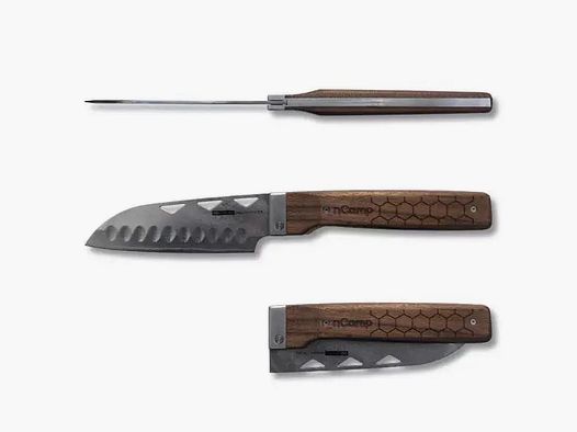 nCamp Elite Couteau de Préparation Alimentaire de Style Santoku (Lame en Damas/Poignée en Noyer) avec Étui en Cuir