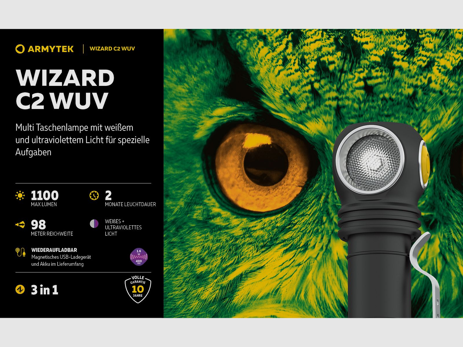 UV Stirnlampe | Taschenlampe Armytek Wizard C2 WUV – für Jagd / Outdoor / Camping, Bild 5 von 23