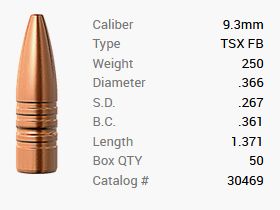 Bala Barnes 9,3mm/.366 250GR TSX HP FB 50 piezas