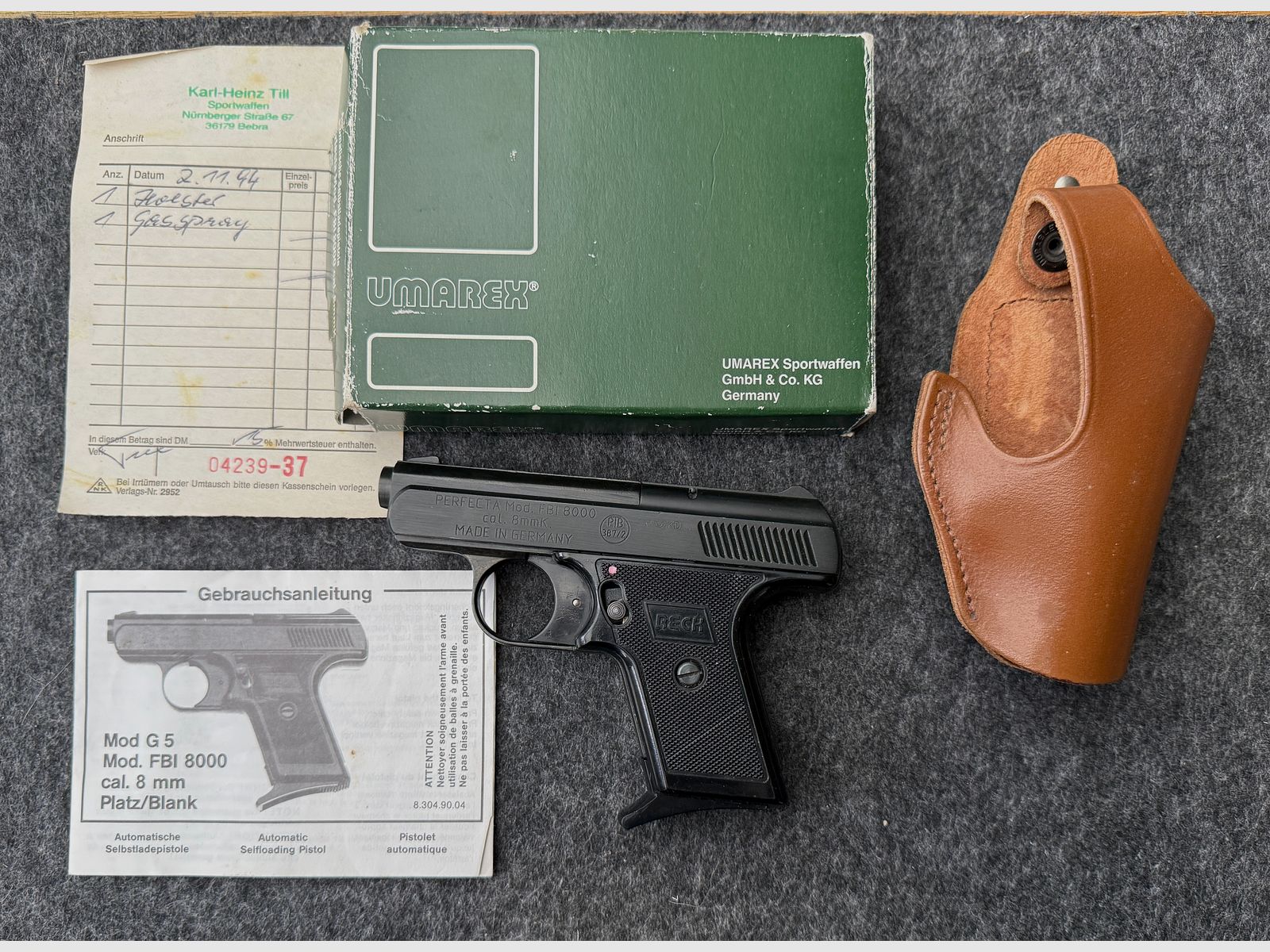 Reck Perfecta FBI 8000, PTB-Nummer 387/2 aus dem Jahr 1994 mit Original-Karton, Anleitung, Rechnung und Holster