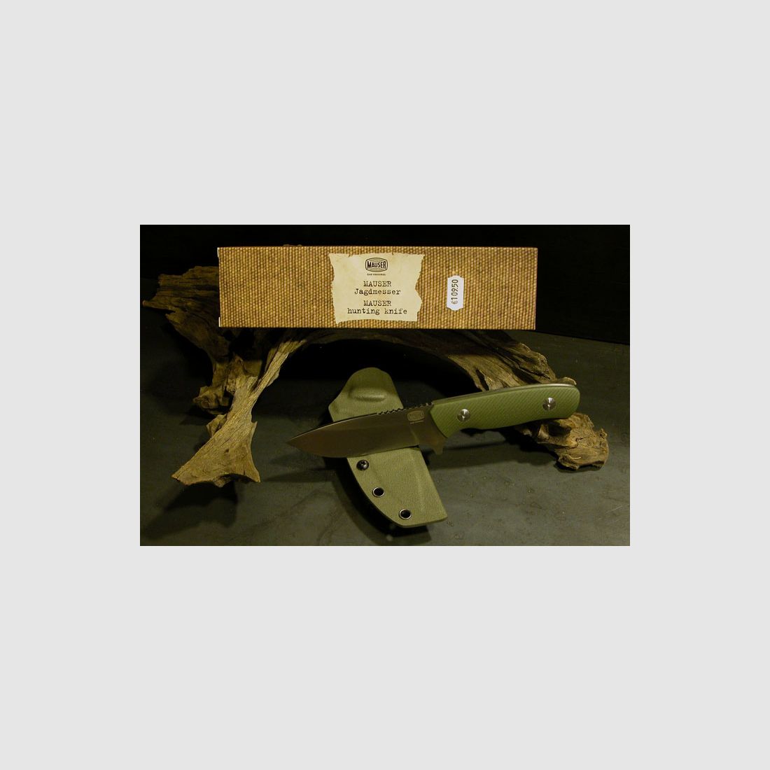 Couteau de chasse Mauser en acier 14C28N avec étui en Cydex, poignée en G10-polymer vert olive + boîte cadeau