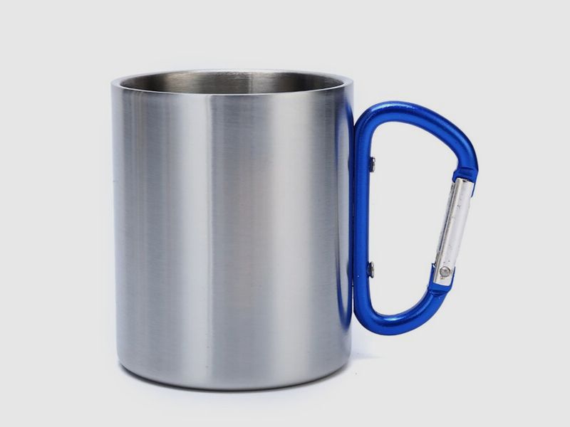 Doppelwandiger Edelstahlbecher 300ml mit blauem Karabinergriff