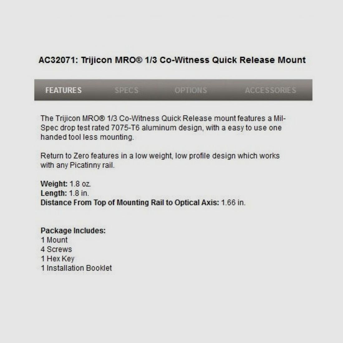 Trijicon Quick Release Mount 1/3 Co-W MRO