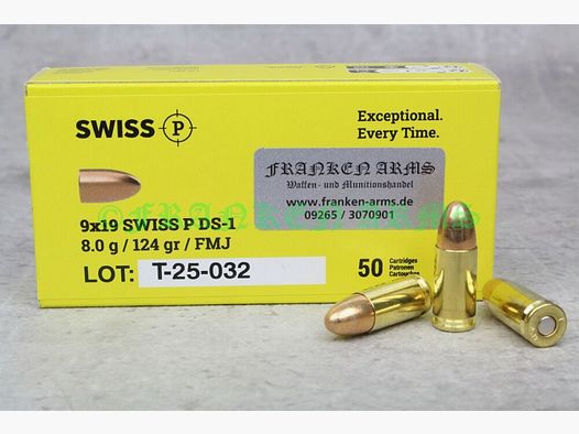 Swiss P 9x19 DS-1 FMJ 124gr. 8,0g 50 piezas precios por volumen