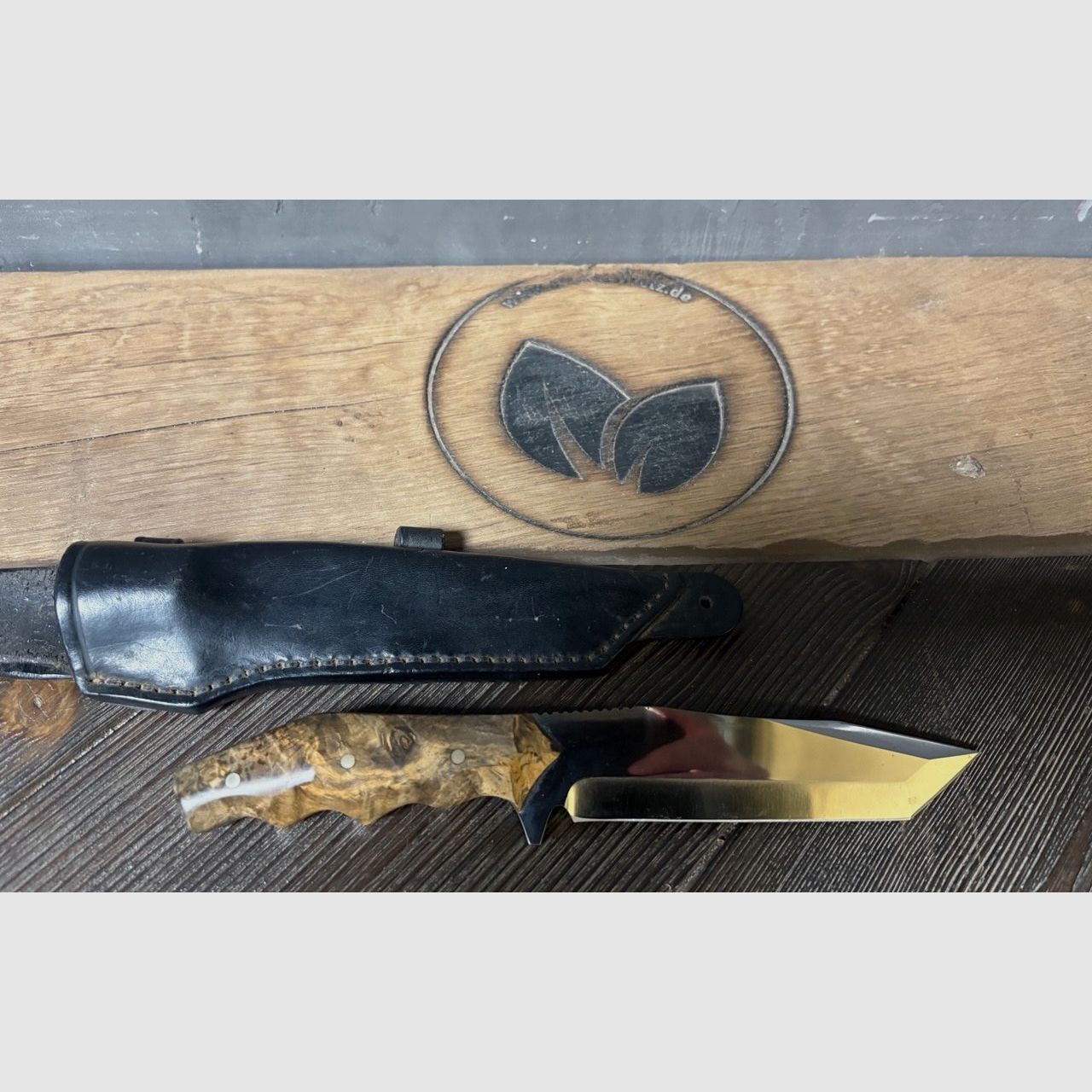 Handcrafted collector's knife Tanto with maple handle and leather pad