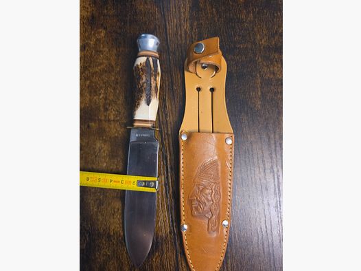 Cuchillo de caza Solingen con mango de asta de ciervo acero inoxidable Drop-Point 10,1–13 cm + funda