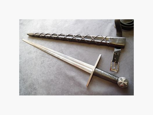 Mittelalterliches Schwert , Einhänder mit Kreuz Templer Schwert mit toller Scheide Gürtel Schaukampf