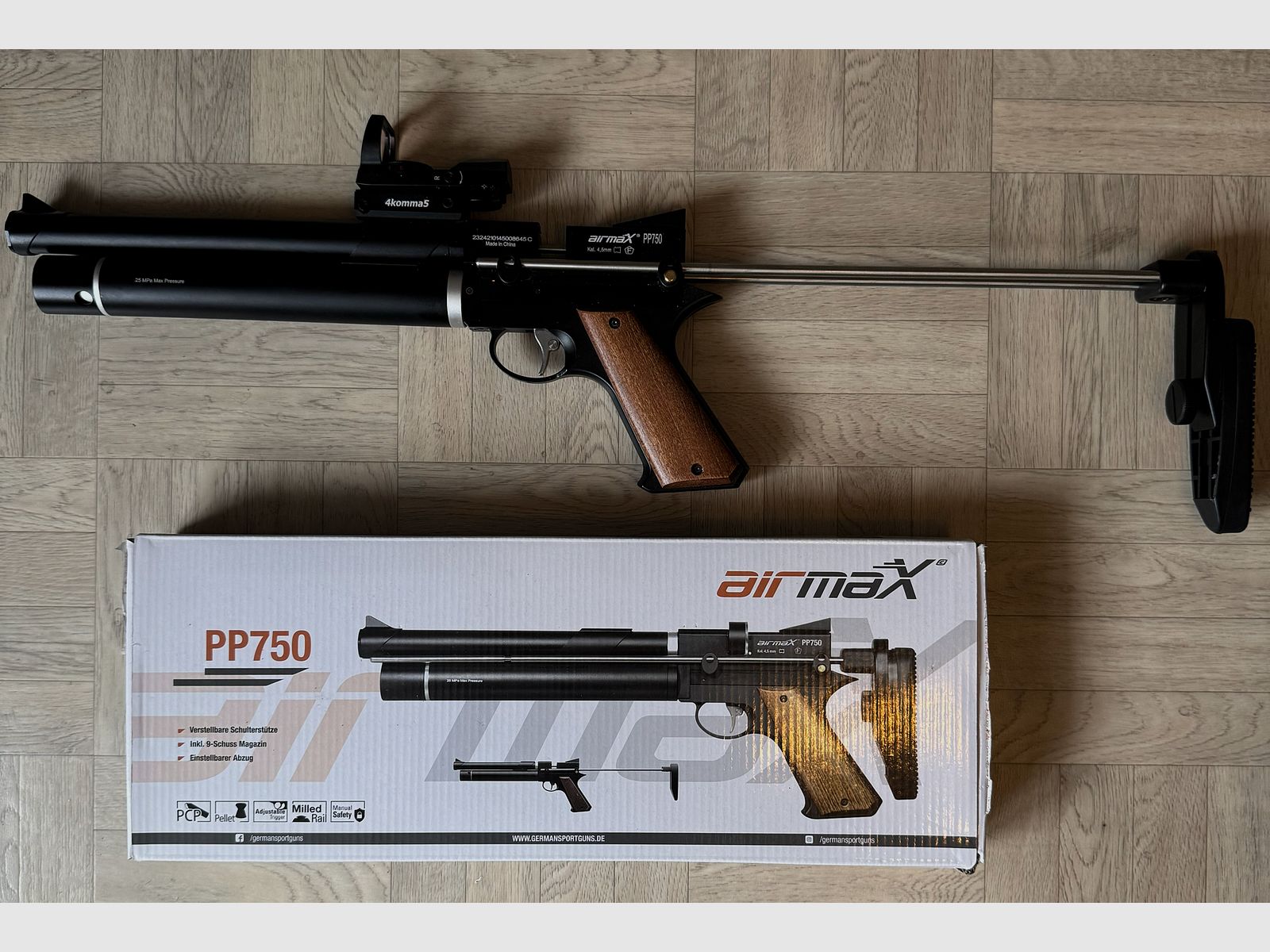 AirmaX PP750 LP air pistol caliber 4.5 mm incl. red/green dot sight and air pump