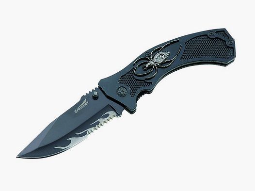 Crossnar folding knife, spider, partially serrated, aluminum, box