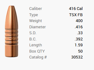 Proiettile Barnes .416/.416 400GR TSX HP FB 50 pezzi