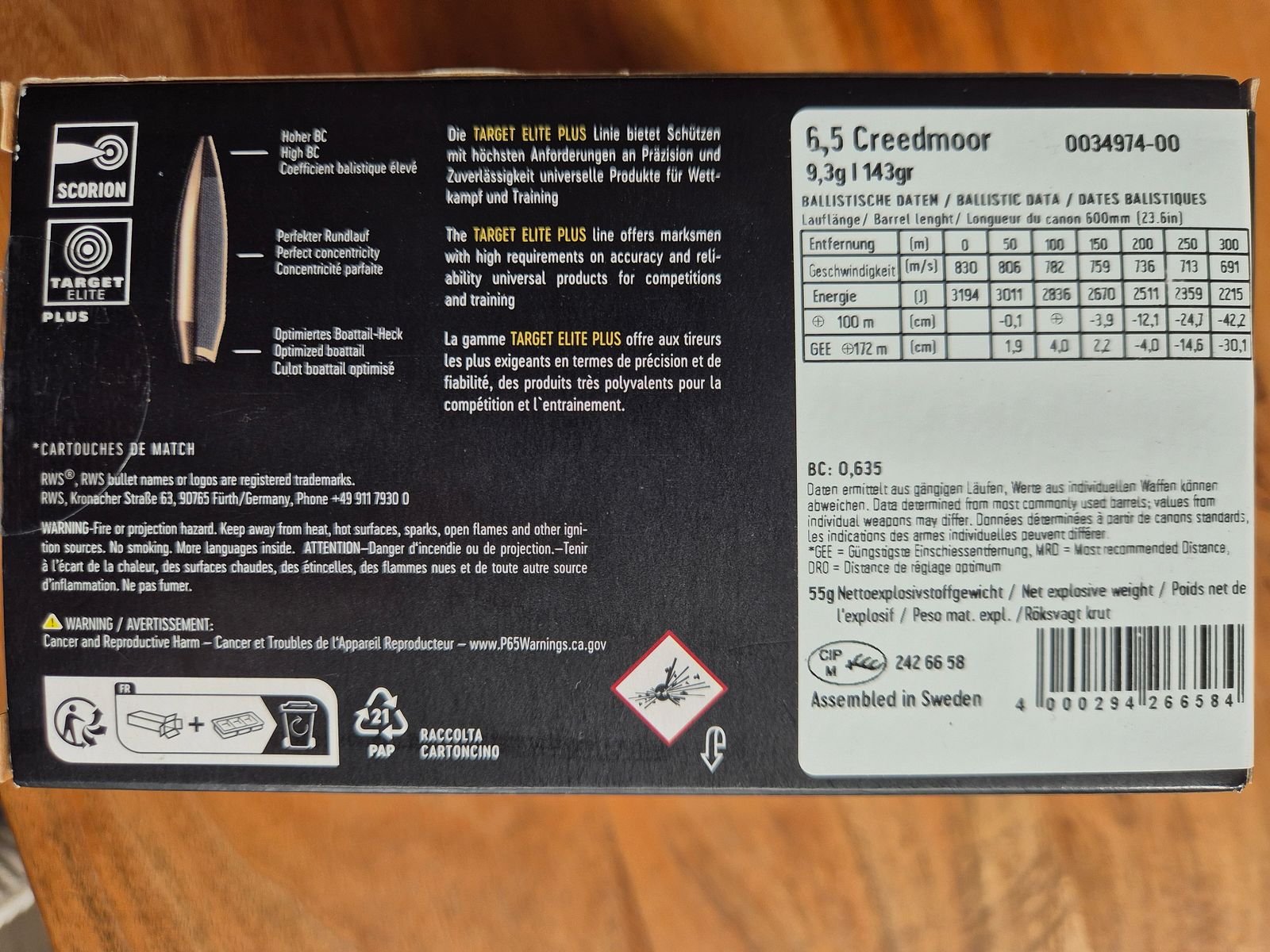 100 coups RWS Target Elite Plus 6,5mm Creedmoor 143grs