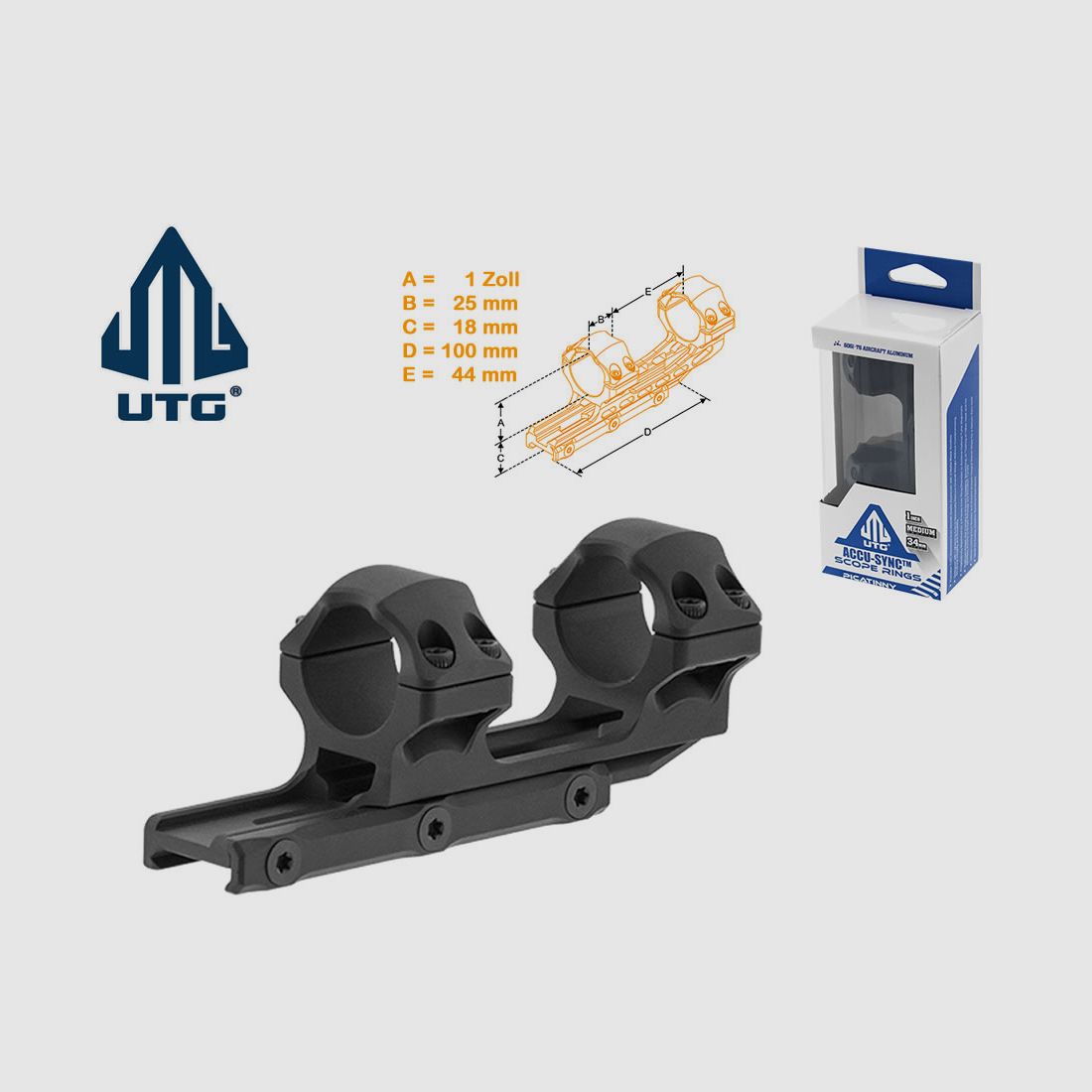 UTG 34 mm Versatz-Blockmontage AccuSync, 1 Zoll Mittelrohrdurchmesser, fĂĽr Weaverschiene, medium
