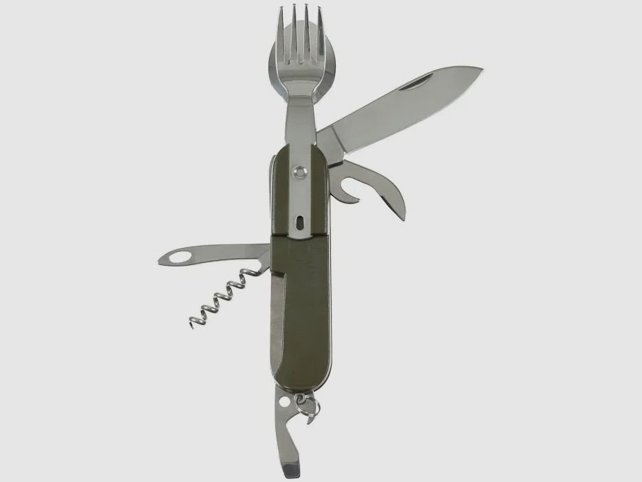 Taschenmesser mit Gabel, Löffel + weiteres Zubehör - Oliv