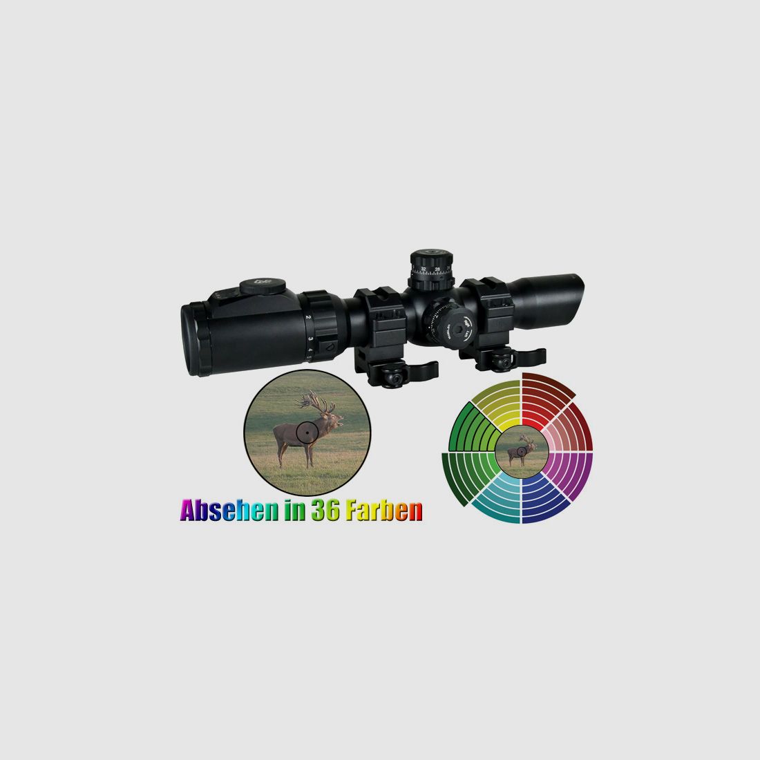 Taktisches Zielfernrohr 1-8x28 von UTG mit AO Circle Dot, Absehen in 36 Farben, inkl 11mm und 22mm Montage