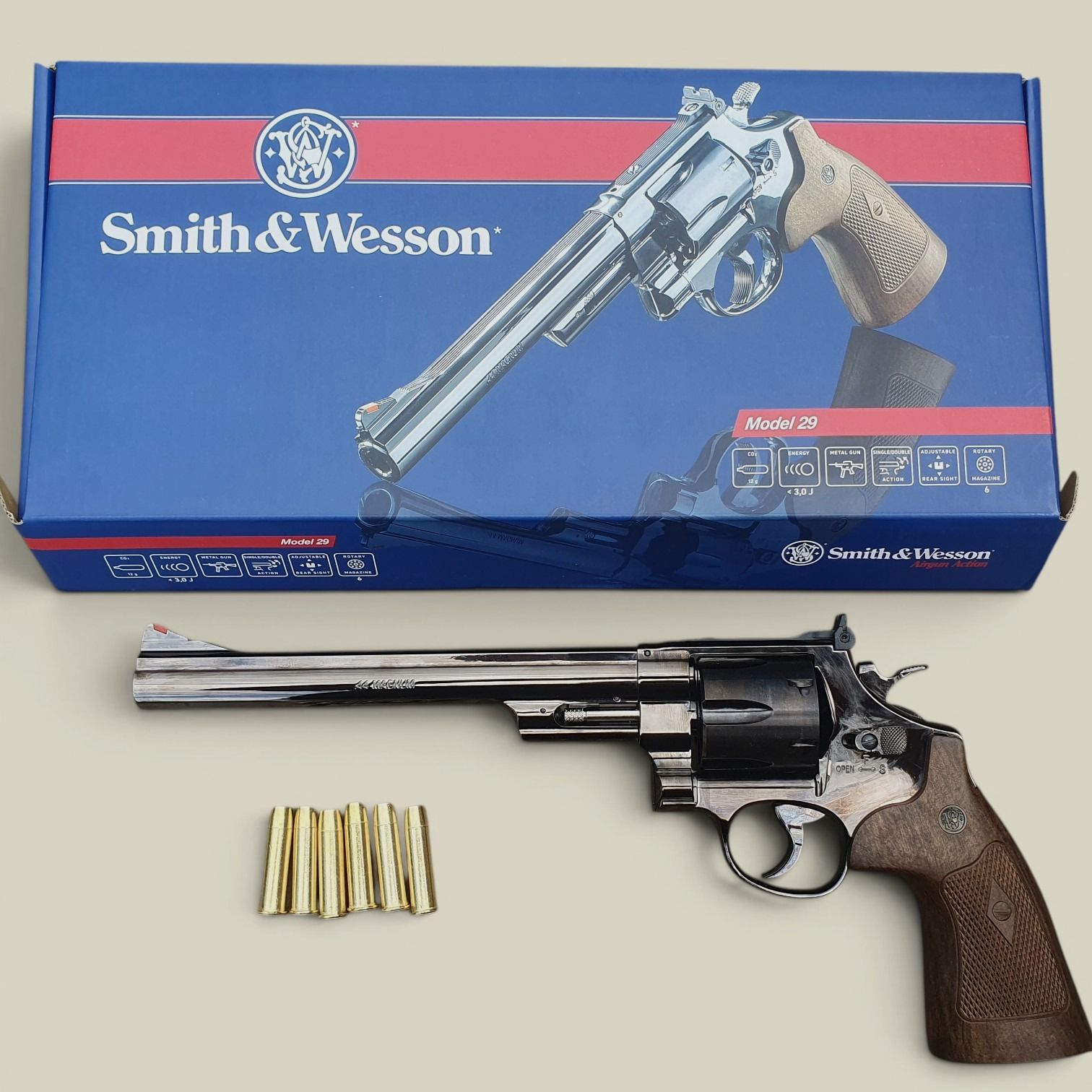 CO2 revolver Smith & Wesson M29 8 3/8 inch high gloss blued brown grip panels caliber 4.5 mm BB also diabolo