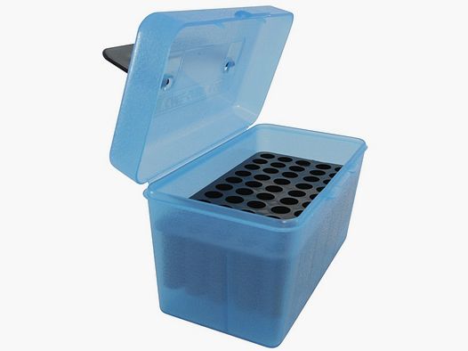 MTM Deluxe cartridge box H50-RM-24 blue clear with flip lid and carrying handle for 50 cartridges .308 and others.