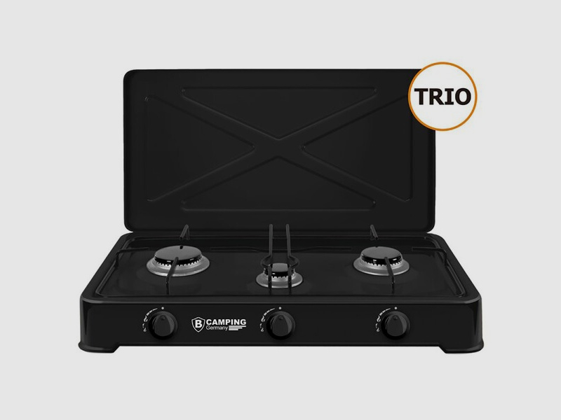 Gaskocher / Campingkocher 3-flammig (TRIO) mit Anschluss-Schlauch und Druckminderer