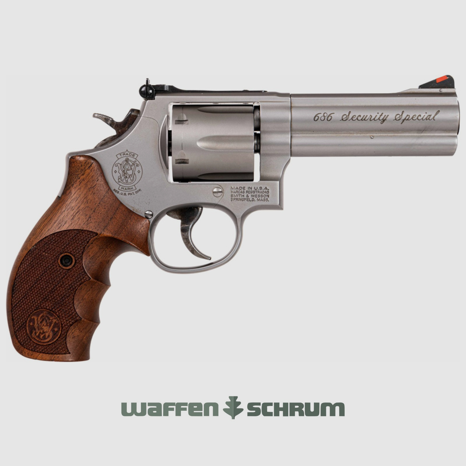 Smith & Wesson 686 Security Special .357Mag, avec holster en cuir et boîte de transport, longueur du canon : 4 pouces, poignées en bois