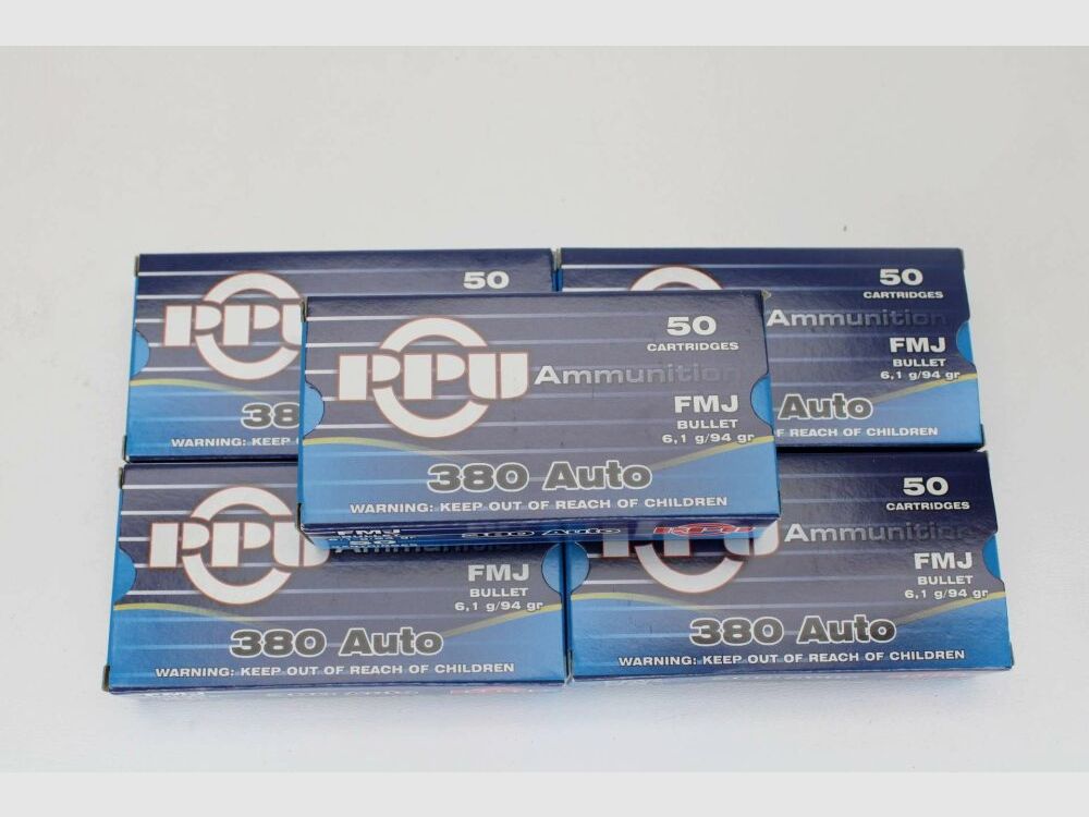 250 shots PPU .380 Auto 9mm short with 6.1 grams 94grs. FMJ 5x50 pack