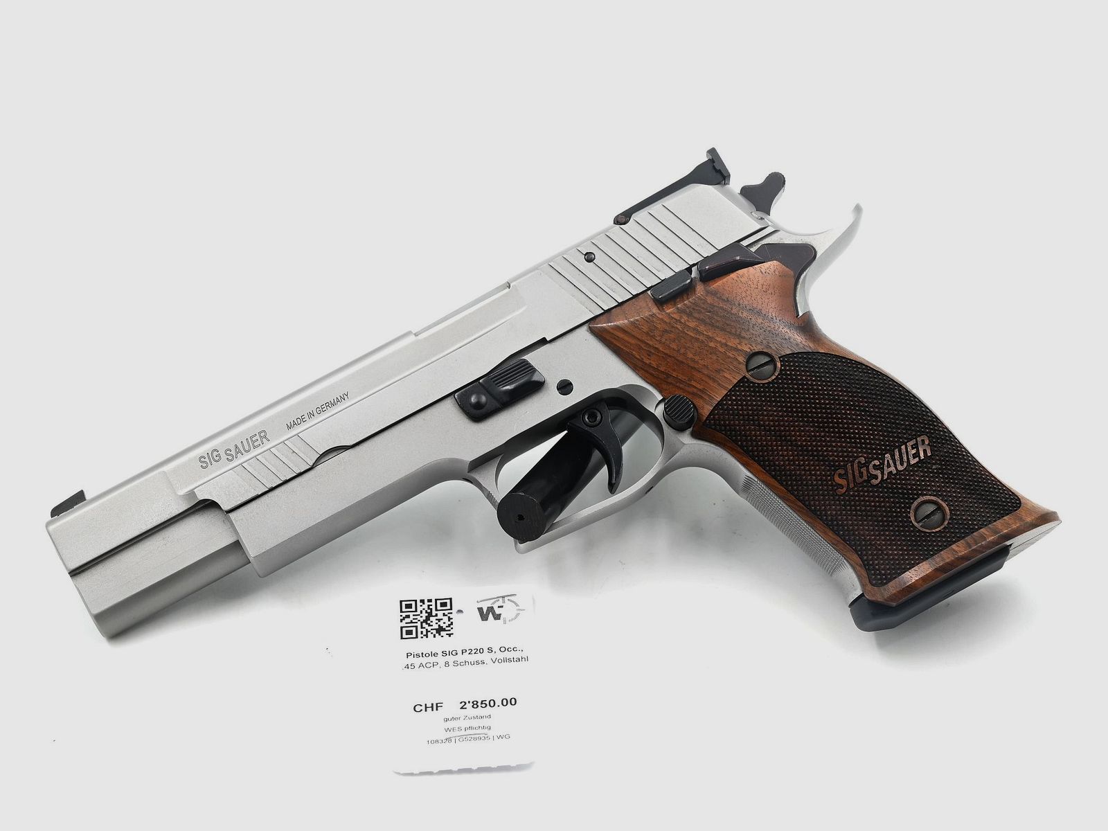 Pistolet SIG P220 S, d'occasion, .45 ACP, 8 coups, tout en acier, image 1 sur 3