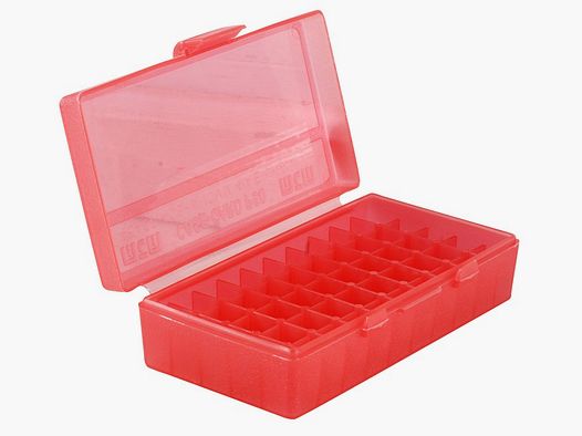 Boîte à cartouches MTM P50-45-29 rouge transparente avec couvercle rabattable pour 50 cartouches .45 ACP et autres.