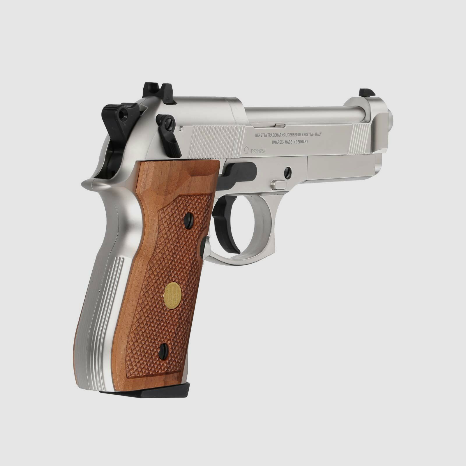 Luftpistolenset Beretta M 92 FS 4,5 mm Diabolo Nickel / Holzgriffschalen (P18) Co2-Pistole + 1000 Diabolos + 10 Co2-Kapseln Umarex