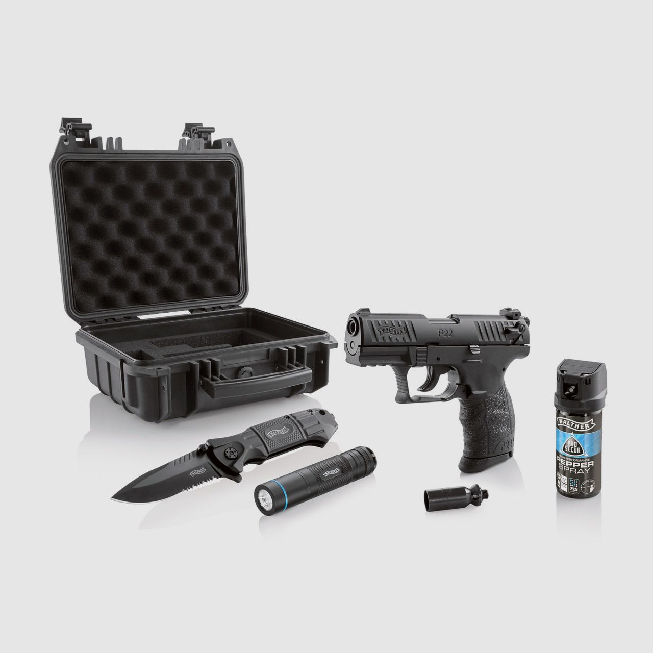 Schreckschuss Pistole Walther P22Q R2D Kit mit Lampe Messer Pfefferspray Koffer Kaliber 9 mm P.A.K. (P18)