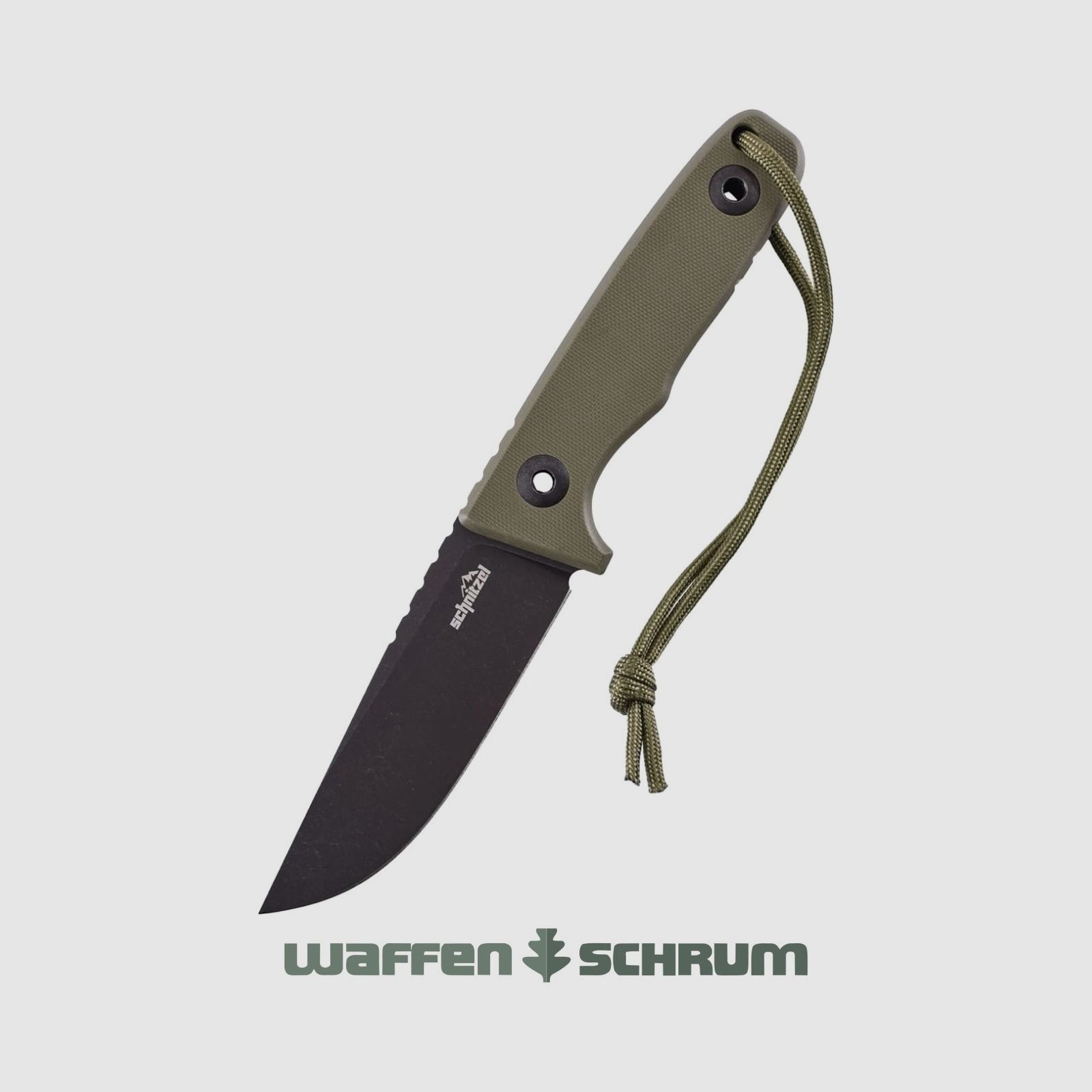 Schnitzel outdoor knife TRI green stainless 14C28N steel with black stonewash finish including sheath made of Kydex with dangler carrying system