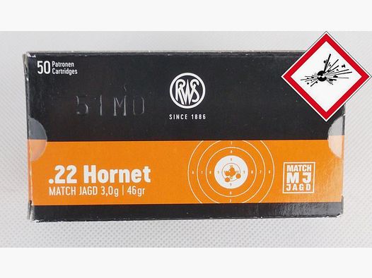 RWS cartouche de chasse cal. .22 Hornet MJ 46grs