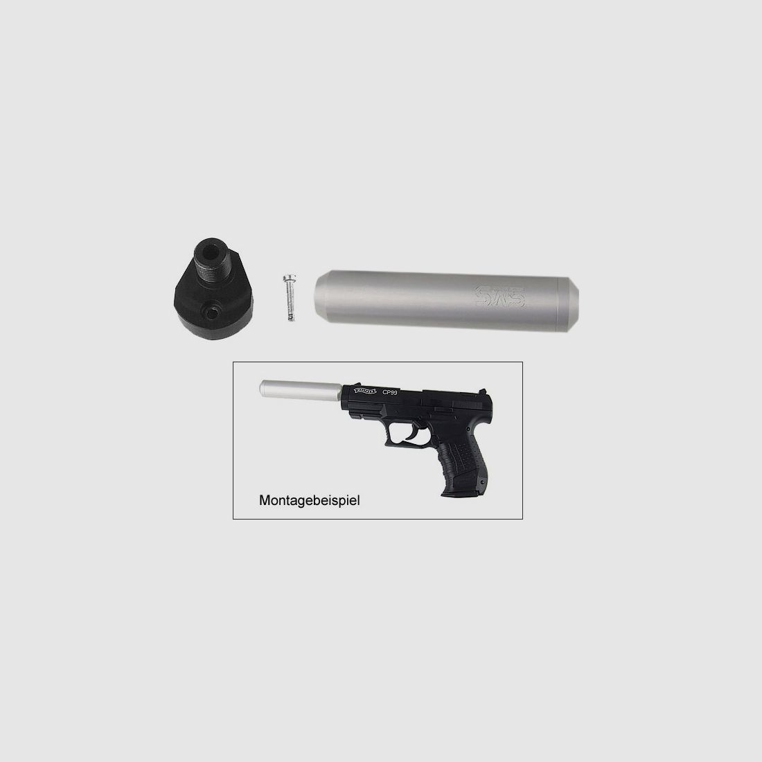 Adapter und silberner SchalldĂ¤mpfer fĂĽr CO2 Pistole Walther CP99 (P18)