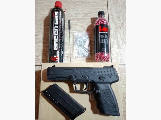 Kli Maverick GBB Gas Blow Back Airsoft Pistole mit Zubehör Greengas + Stahl und 0,20g H&K BB's im Set neuwertig