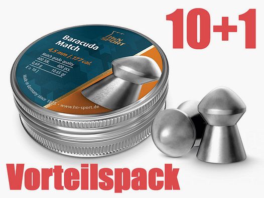 10+1 GRATIS x 400 StĂĽck H&N Baracuda Match Diabolo, Rundkopf, glatt, 0,69 g, Kaliber 4,50 mm