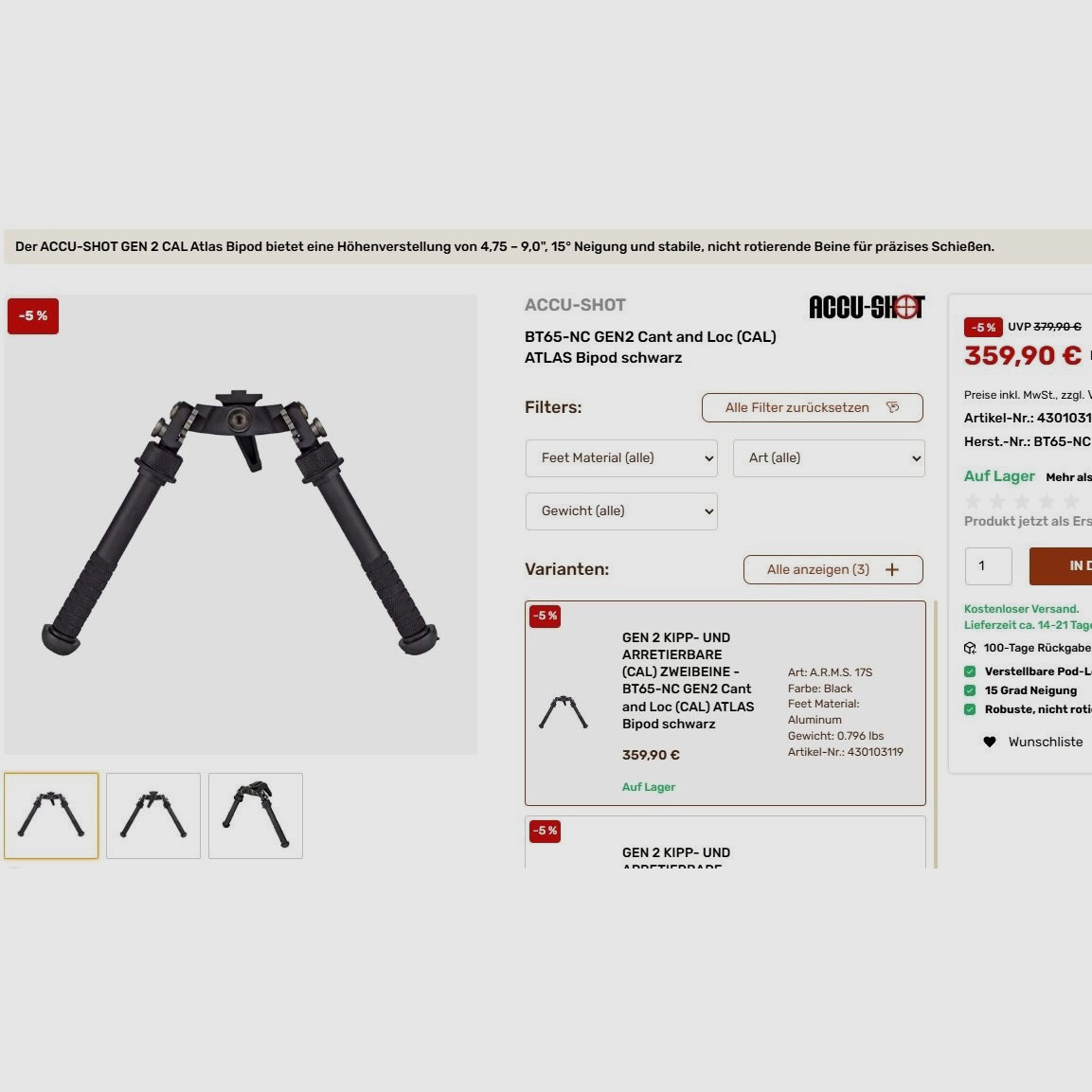 ACCU Shot ATLAS BT 65 NC GEN2  Zweibein Bipod inkl. ARCA Montage