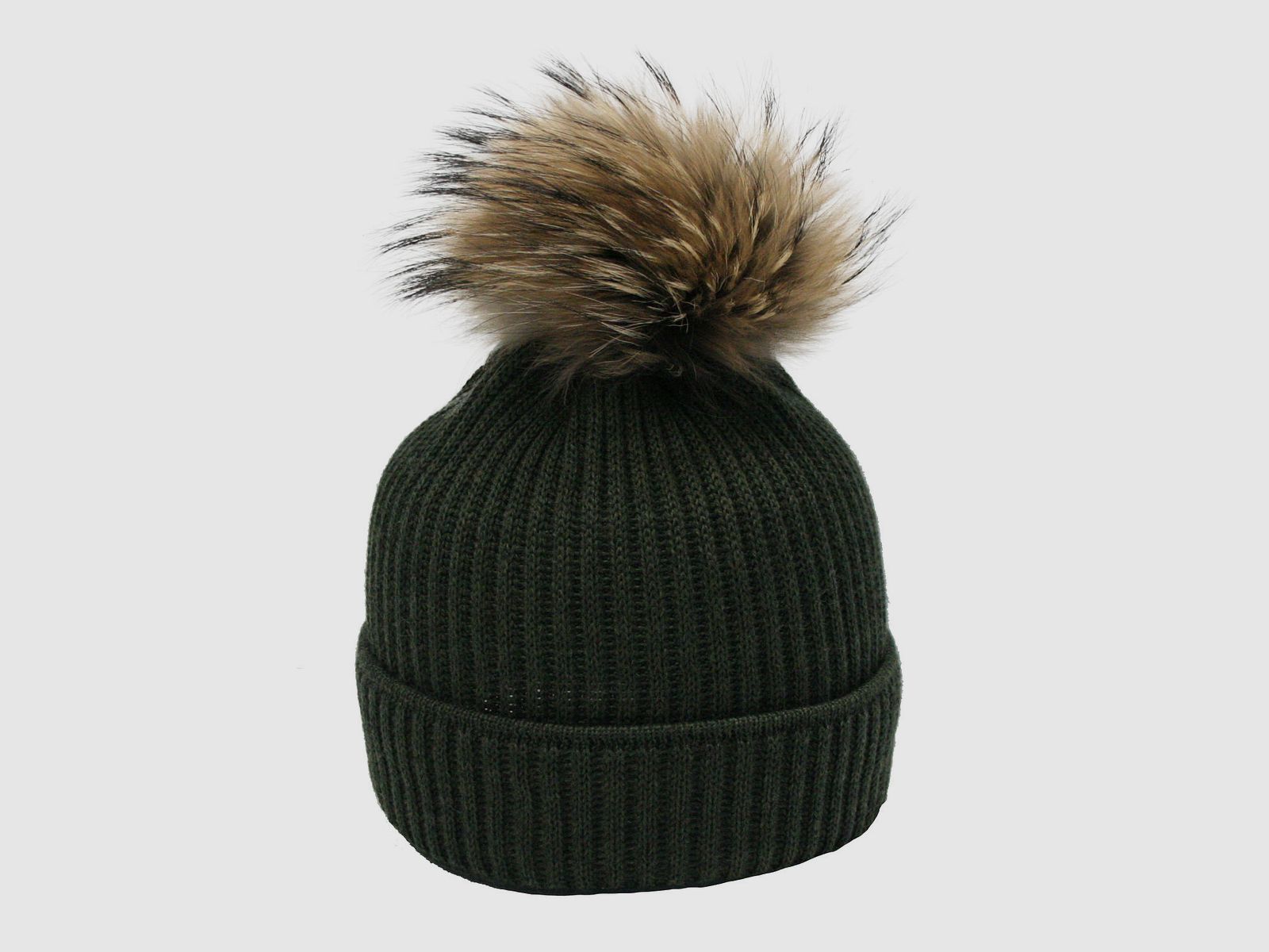 Cappello in maglia Merino con pompon in pelliccia vera e motivo a coste